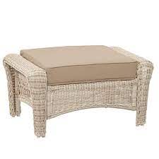 Park Meadows Off White Wicker Outdoor Patio Ottoman With Sunbrella Beige Tan Cushion