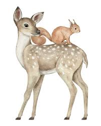 Watercolor Fawn And Squirrel Deer For