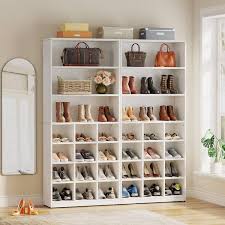 Lauren White Shoe Cabinet With Side Hooks 24 Pair Freestanding Shoe Rack Storage Organizer For Hallway Closet Entryway
