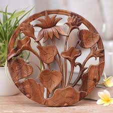 Hand Carved Suar Wood Lotus Wall Relief