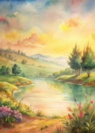 A Watercolor Painting Of A River With A