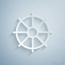 Paper Cut Dharma Wheel Icon Isolated On