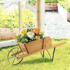 Wooden Wagon Planter Decorative Indoor Outdoor Rustic Flower Cart W Wheel Walnut