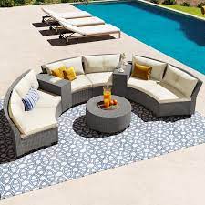 Gray 9 Piece Fan Shaped Wicker Outdoor Sectional Set With Beige Cushions