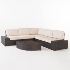Santa Cruz Outdoor 5 Seater Wicker V Shaped Sectional Sofa Set With Coffee Table Dark Brown And Beige