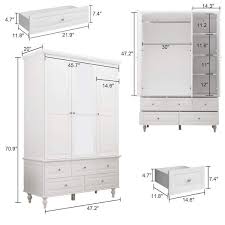 White Paint Big Wardrobe Armoires W Mirror Hanging Rod Drawers Adjustable Shelves 70 9 In H X 47 2 In W X 20 In D