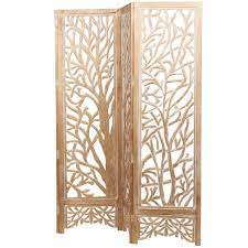 Litton Lane 6 Ft Gold 4 Panel Tree Hinged Foldable Partition Room Divider Screen With Intricately Carved Designs Brown