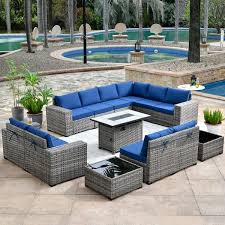 Hooowooo Tahoe Grey 13 Piece Wicker Wide Arm Outdoor Patio Conversation Sofa Set With A Fire Pit And Navy Blue Cushions