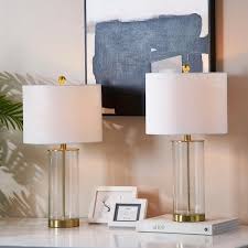 Maxax Concord 23 75 Clear Glass Bedside Table Lamp With Oatmeal Lampshade Set Of 2