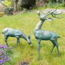 Deer Doe Aged Bronze Metal Garden Statues