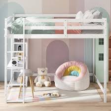 Qualler White Full Size Loft Bed With Built In Desk And Shelves