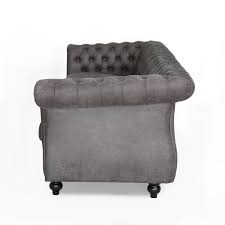 Contemporary Home Living 84 50 Slate Gray And Brown Traditional Tufted Sofa With Scroll Arms