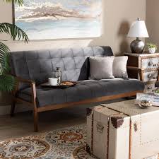 Baxton Studio Asta Gray Walnut Polyester 3 Seater Cabriole Sofa With Square Arms