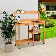 Wood Garden Workbench With Drawers And