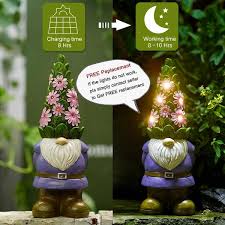 Solar Garden Gnome Statue Standing Gnome With Glowing Flowers And 5 Led Lights Summer Dwarf Garden Decorations