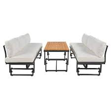 3 Piece Metal Outdoor Patio Sectional Sofa Set With Height Adjustable Seating And Coffee Table With Beige Cushion