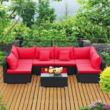 7 Piece Wicker Sofa Set Patio Conversation Set Garden With Red Cushions