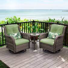 Joyside 3 Piece Wicker Patio Swivel Outdoor Rocking Chair Set With Green Cushions And Table
