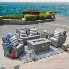 Moda 5 Piece Wicker Patio Conversation Set With Gas Fire Pit Table And Gray Cushions