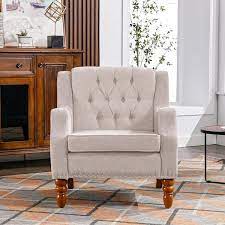 24 8 In Wide Linen On Tufted Upholstered Armchair Accent Chair With Vintage Brass Studs Beige