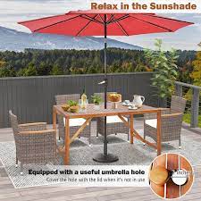 67 Inch Patio Rectangle Acacia Wood Dining Table With Umbrella Hole Costway