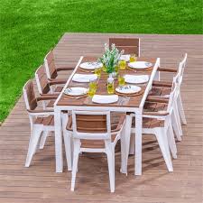 Inval Madeira 8 Seat Patio Dining Table And Armchair Set In White Teak Brown