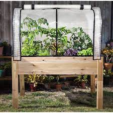 Cedarcraft Beautiful Functional Sustainable 34 In X 49 In X 30 In Elevated Cedar Planter Greenhouse And Bug Cover Tan