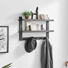 Danya B 29 In 2 Tier Black Ledge Wall Shelf Entryway Or Bathroom Organizer With Five Hanging Coat Or Towel Hooks