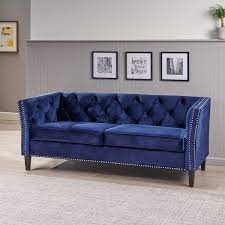 Noble House Claridge On Tufted Velvet Sofa Midnight Blue Dark Brown