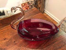 Ruby Red Glass Swan Candy Bowl