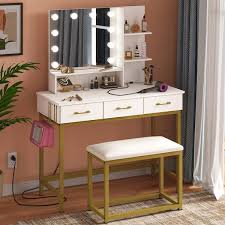 White Wood Led Light Makeup Vanity Sets