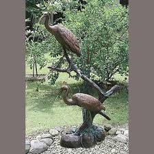Grand Heron Pair Statue Brass Patina