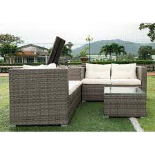 Creme 4 Piece Wicker Rattan Patio Sectional Outdoor Furniture Sofa Set With Storage Box