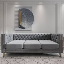 80 5 In Wide Square Arm Velvet Modern Straight Sofa In Gray