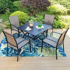 Black 5 Piece Metal Slat Square Table Patio Outdoor Dining Set With Brown Textilene Chairs