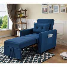 Navy Linen Fabric Twin Size Sofa Bed