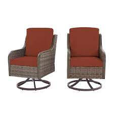 Hampton Bay Windsor Brown Wicker Outdoor Patio Swivel Dining Chair With Cushionguard Quarry Red Cushions 2 Pack