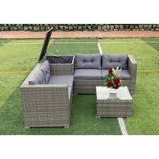 4 Piece Patio Pe Wicker Rattan Outdoor Furniture Set Sectional Set With Gray Cushions Storage Box And Table