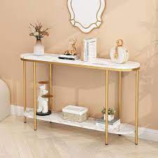 42 13 In White And Golden Oval Mdf Console Table With Shelf