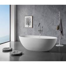 65 In Stone Resin Flatbottom Solid Surface Freestanding Double Ended Soaking Bathtub In White With Brass Drain