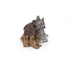 Grey Wolf Cubs Hiding Under Log Statue Gray