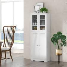 Bunpeony 6 Shelf White Tall Kitchen Pantry Cabinet With Dual Tempered Glass Doors And Shelves