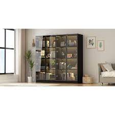 Fufu Gaga Black Wood Display Cabinet With Tempered Glass Doors And 3 Color Led Lights