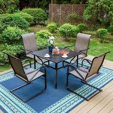 Phi Villa Black 5 Piece Metal Patio Outdoor Dining Set With Slat Square Table And Textilene C Spring Chairs