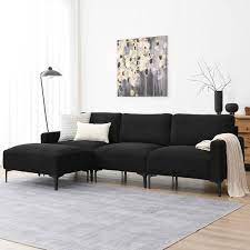 104 In W Square Arm Soft Velvet L Shaped Sectional Sofa With Convertible Ottoman In Black