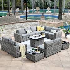 Tahoe Grey 13 Piece Wicker Wide Arm Outdoor Patio Conversation Sofa Set With A Fire Pit And Grey Cushions