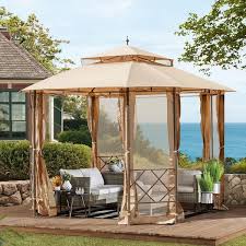 Erommy 12 Ft X 10 Ft Patio Gazebo Khaki Heavy Duty Outdoor Canopy With Mesh Curtain Canopy Tent With Waterproof Double Roof Green