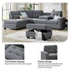 104 In Square Arm 3 Piece Fabric L Shaped Sectional Sofa In Gray With Storage