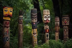 A Group Of Wooden Totem Pole In The
