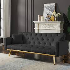 Black 73 2 In Upholstered Sleeper Sofa Velvet Futon Sofa Bed 3 Seater On Tufted With 2 Pillows Gold Metal Legs